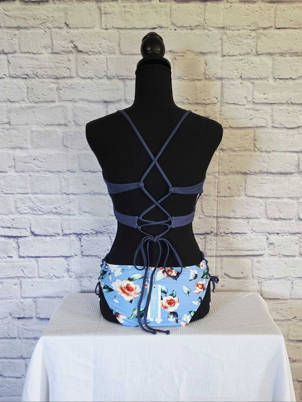 NWT 3pc. Strappy Navy Halter Bikini + Two Blue Floral Bottoms XL & L